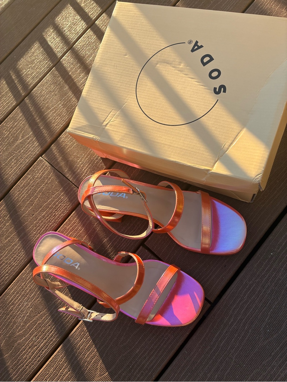 Soda Iridescent Orange Pink Strappy Heels